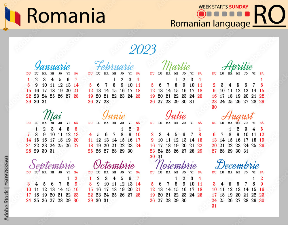 Romanian horizontal pocket calendar for 2023 week starts sunday stock