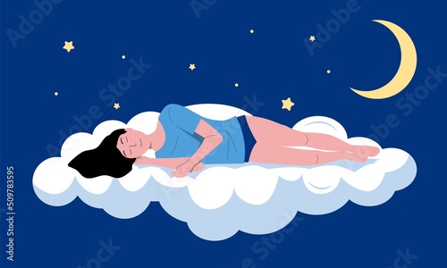 Sleeping person illustration. Cartoon sleeping and dreaming young girl flying in night sky, insomnia or sleep well concept. Vector sleeping woman character background