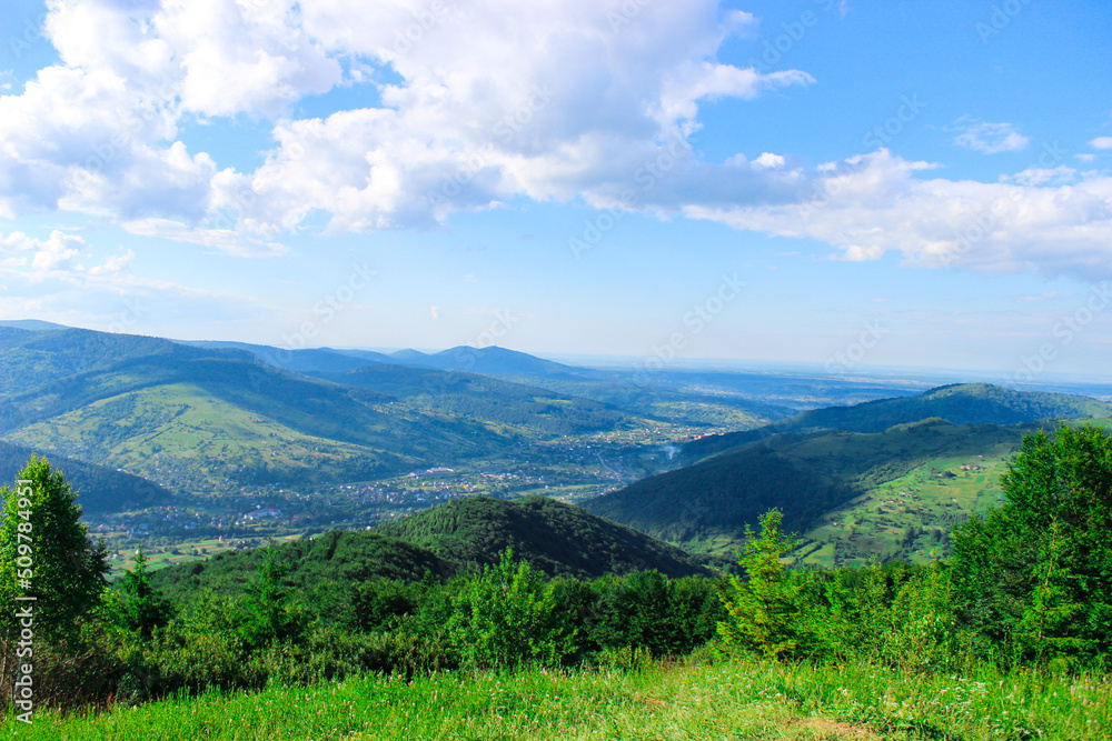 View from Mount Makovitsa in Western Ukraine. Landscape on mountains and forests. Ukraine, Yaremche