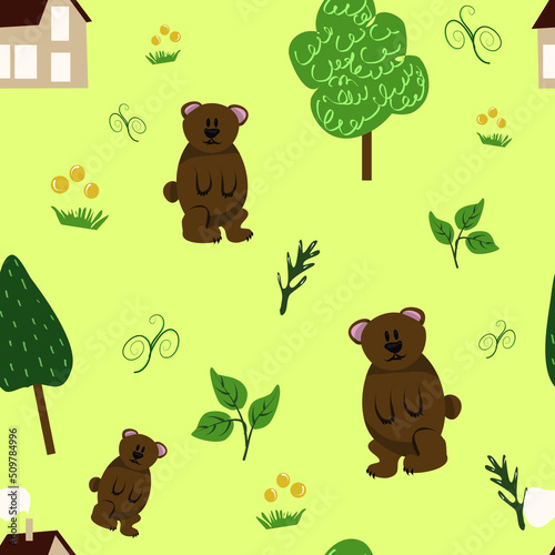 Cute endless seamless pattern with a funny bear on its hind legs. A joyful illustration for children, great for print and clothing.