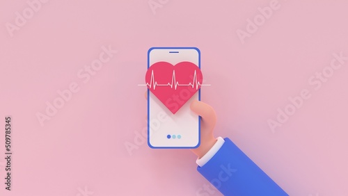 Healthcare service app. Cartoon human hand holding mobile phone with icon of heart and pulse. Online healthcare, doctor. 3d render illustration