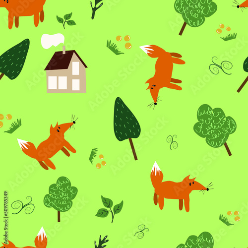 Seamless endless pattern with cute fox and rustic details. Trees  house  berries and plants on a gentle green background. Ideal children s illustration for printed products and clothing.