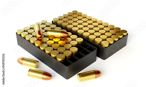 3D Rendering of 9mm bullets with compartment box isolated on white background. photo