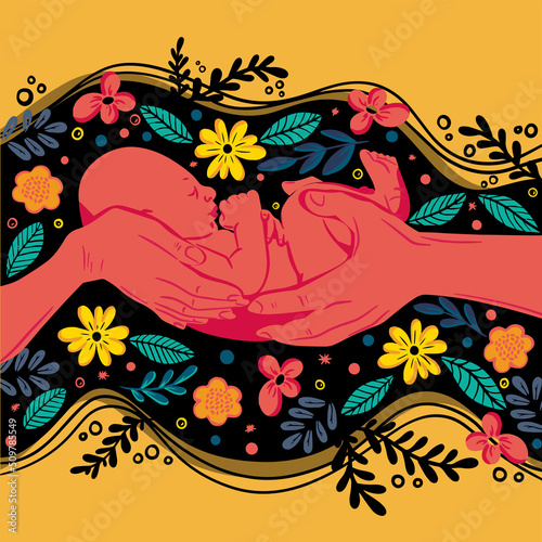 Hands of mom and dad holding a newborn baby among the flower arrangement. Concept of parenthood, new baby, newborn, motherhood and fatherhood. Happy family and new life.