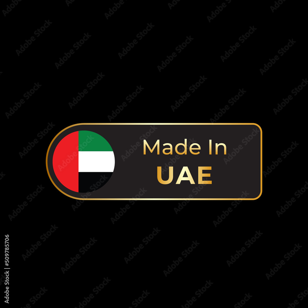 Made in UAE labels design with flag in golden color isolated on black background. United Arab Emirates tag Made in UAE labels design with flag in golden color isolated on black background. United Arab Emirates tag