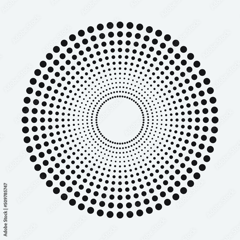 Halftone dots in circle form. Round halftone logo. Vector dotted frame design. Design element.