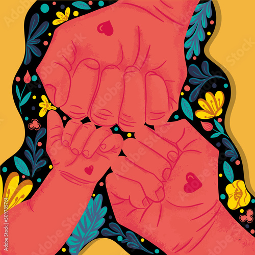 Three hands clenched into fists. The concept of supporting the family, generations, people. Love, understanding and trust. Diverse human hands united for social freedom and peace.