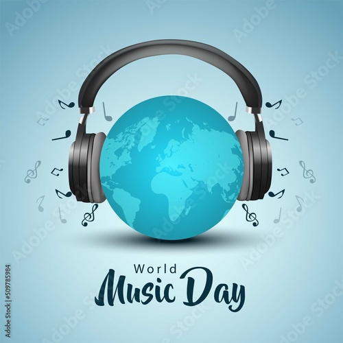 international music day. world map with headphones. vector illustration design