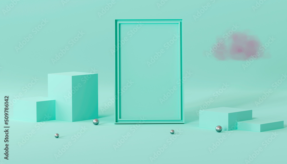 3d render of blank poster frame on the podium for mock up with beautiful green pastel color scene. 3d render of blank poster frame on the podium for mock up with beautiful green pastel color scene.