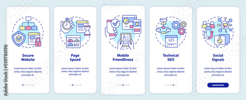 SEO ranking factors onboarding mobile app screen. Website promo. Walkthrough 5 steps editable graphic instructions with linear concepts. UI, UX, GUI template. Myriad Pro-Bold, Regular fonts used