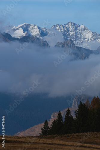 Val Seriana, its peaks, woods and autumnal landscape during an October afternoon, near the town of Clusone, Italy - October 2021