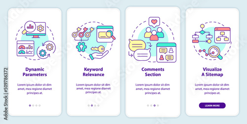 Advanced search engine optimization onboarding mobile app screen. Walkthrough 4 steps editable graphic instructions with linear concepts. UI, UX, GUI template. Myriad Pro-Bold, Regular fonts used