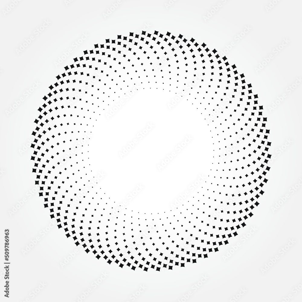 Abstract dotted object. Dotted round logo. Halftone swirl pattern. Halftone dots circle texture. Abstract circle pattern. Vector art illustration. Halftone design element.