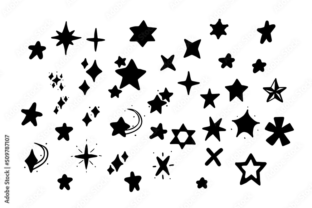 Vector set of stars in doodle style isolated on white background. Glyph vector illustration of hand drawn stars. Vector set of stars in doodle style isolated on white background. Glyph vector illustration of hand drawn stars.