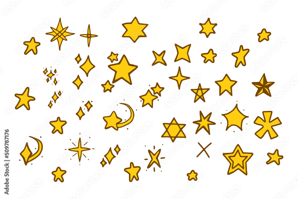 Vector set of stars in doodle style isolated on white background. Cartoon vector illustration of hand drawn stars. Vector set of stars in doodle style isolated on white background. Cartoon vector illustration of hand drawn stars.