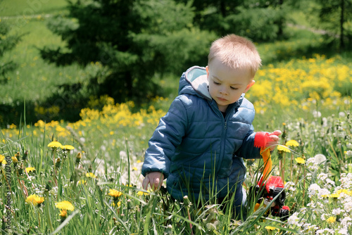 Active small boy walking through spring meadow. © meteoritka