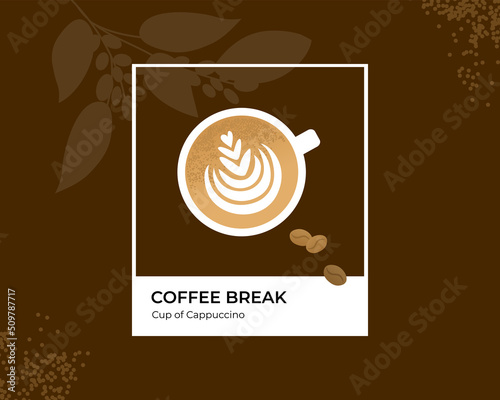 Coffee cup vector illustration. Pantone color design template. Cappuccino, latte art rosetta, milk foam, bean. Poster for specialty coffeehouse. Brewed coffee, natural drink. Brown background banner