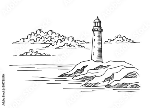 Seascape. Lighthouse. Hand drawn illustration converted to vector. Sea coast graphic landscape sketch illustration vector.