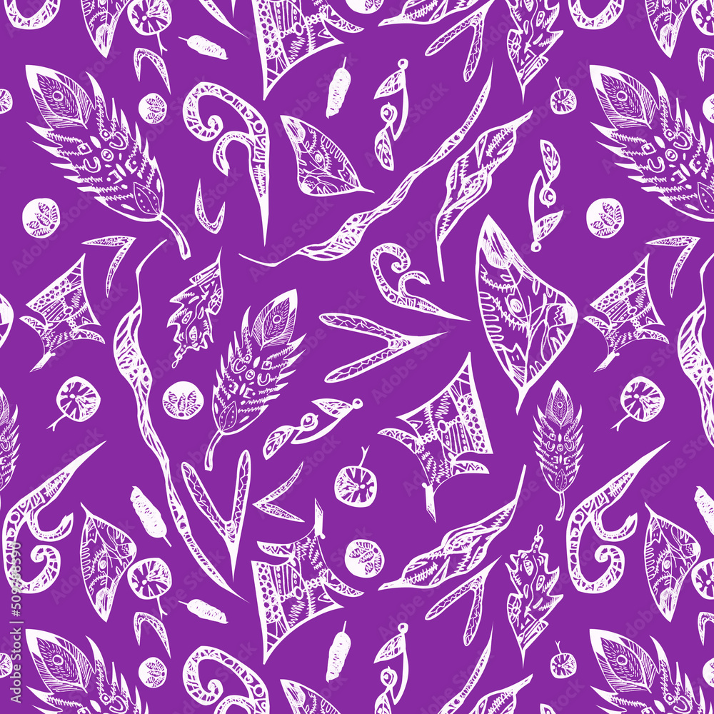 Fototapeta premium Watercolor pattern white leaves and feathers on a pink background for your seamless design, hand drawn illustration