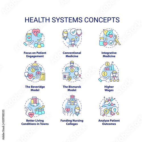 Health systems concept icons set. Healthcare transformation idea thin line color illustrations. Integrative medicine. Isolated symbols. Editable stroke. Roboto-Medium, Myriad Pro-Bold fonts used