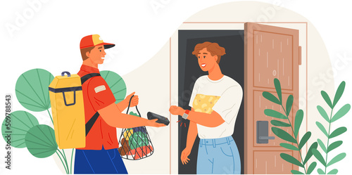 Male courier delivers package to customer. Delivery company worker stands with pos terminal. Goods transport service employee during work. Man pays for order with NFC technology in smartwatch
