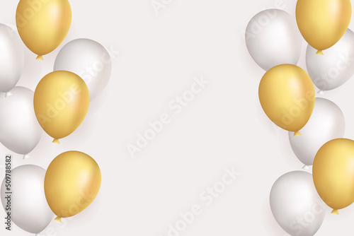 Celebration banner with gold and silver balloons, isolated on white background