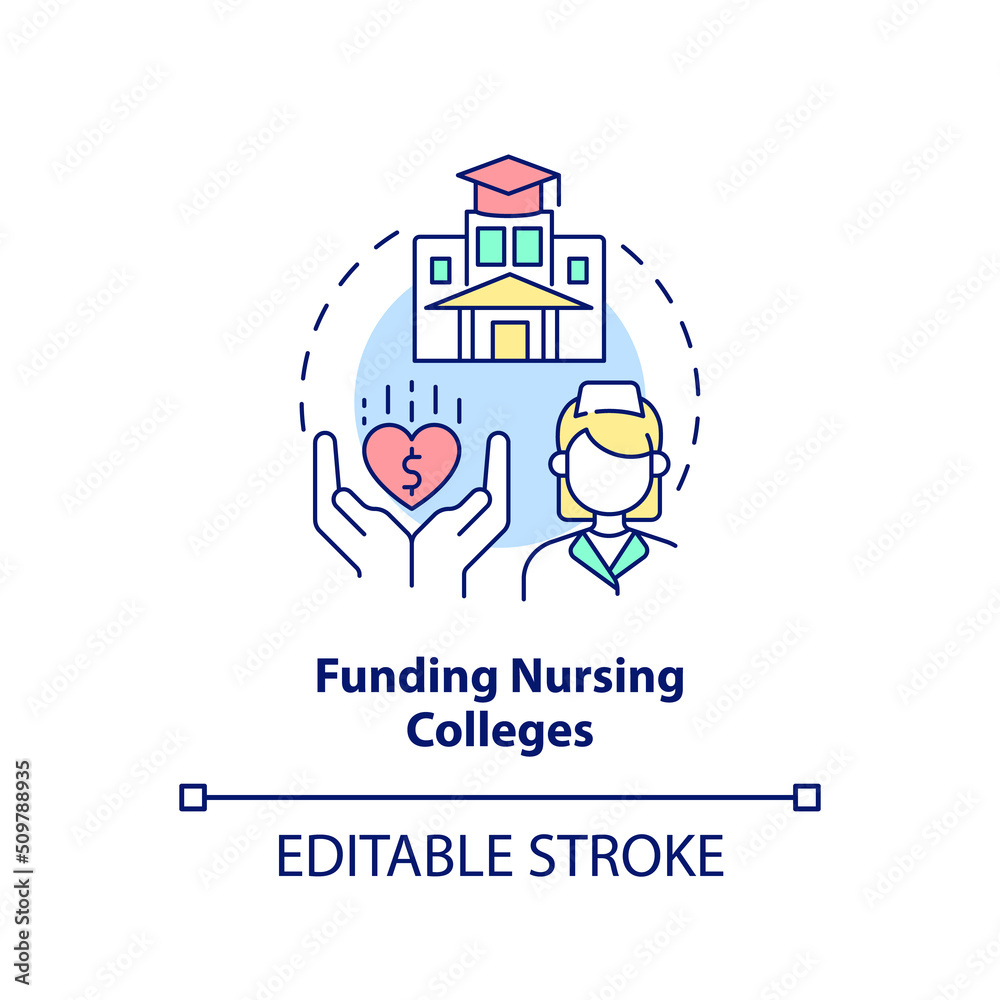 Funding nursing colleges concept icon. Improve healthcare system efficiency abstract idea thin line illustration. Isolated outline drawing. Editable stroke. Arial, Myriad Pro-Bold fonts used