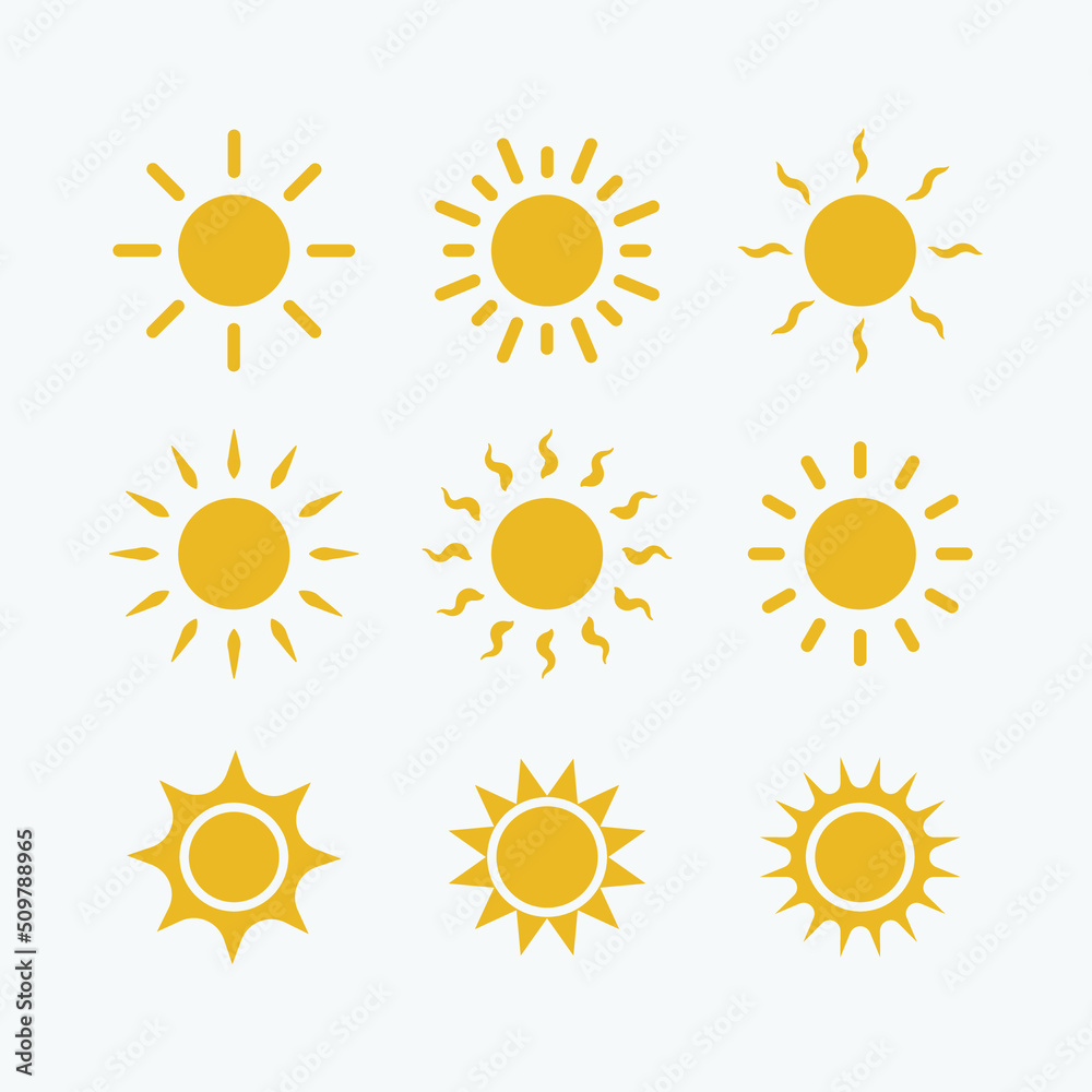 Yellow sun vector icon set. Isolated sunshine icon vector design. Designed for web and app design interfaces. Yellow sun vector icon set. Isolated sunshine icon vector design. Designed for web and app design interfaces.