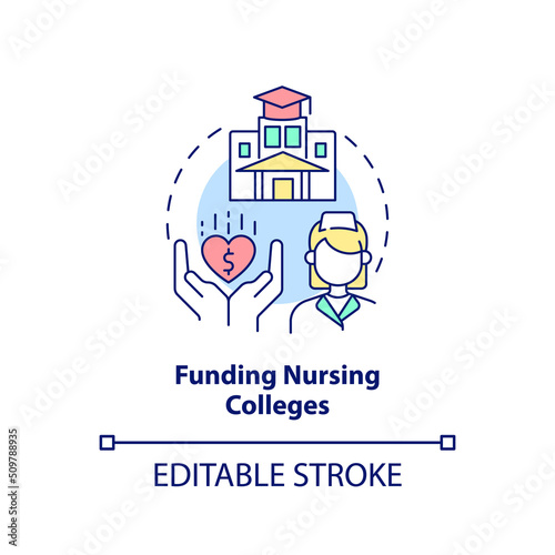 Funding nursing colleges concept icon. Improve healthcare system efficiency abstract idea thin line illustration. Isolated outline drawing. Editable stroke. Arial, Myriad Pro-Bold fonts used