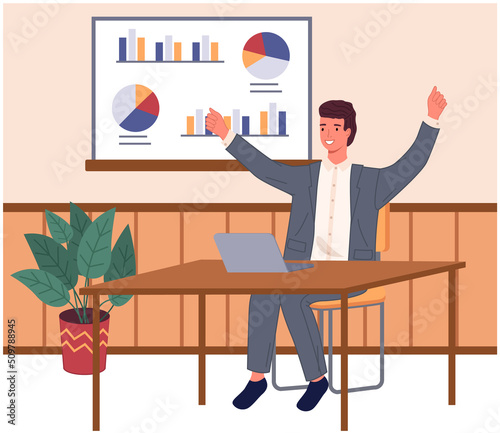 Workplace of young man working from office. Employee using laptop computer for project creation. Brainstorming guy at workspace raises hand. Male character during work with technology