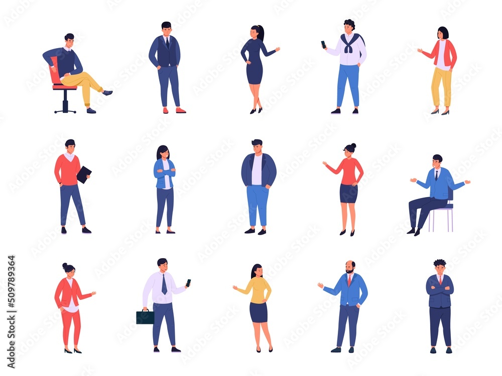 Business people. Cartoon characters standing in relaxed poses wearing costumes, office workers and business employees. Vector diverse team and happy community