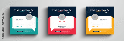 Client testimonials social media post or web banner design. Customer service feedback review social media post with color variation template set.
