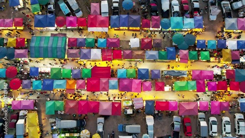 View of aeriel Market with colorful tents in night time. Night Market in Thailand.