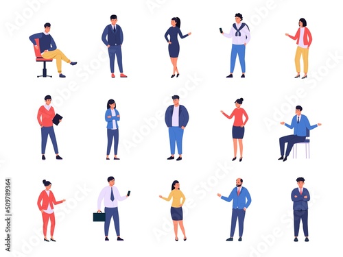 Business people. Cartoon characters standing in relaxed poses wearing costumes, office workers and business employees. Vector diverse team and happy community