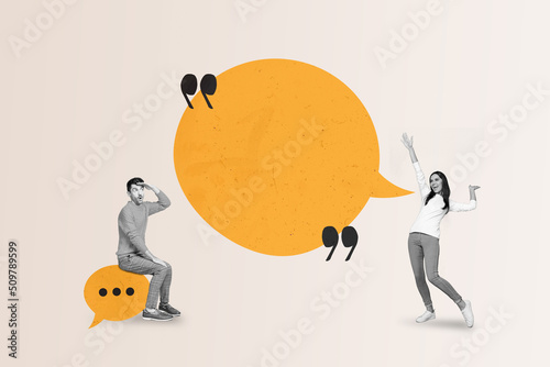 Creative abstract template collage of funny couple white visual effect talking sms empty space isolated beige color background