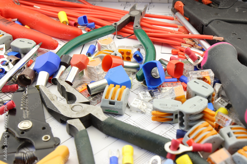 Electrical tools and materials for the installation of an electrical panel on an electrical
