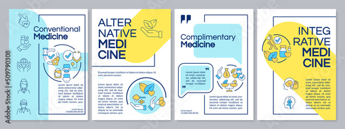 Healthcare approaches blue and yellow brochure template. Alternative. Leaflet design with linear icons. Editable 4 vector layouts for presentation, annual reports. Questrial, Lato-Regular fonts used