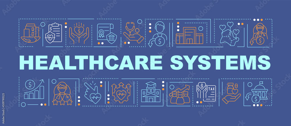 Health systems word concepts dark blue banner. Improving patient safety. Infographics with editable icons on color background. Isolated typography. Vector illustration with text. Arial-Black font used