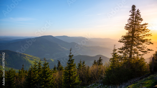 Panoramic sunset view of Beskid Mountains