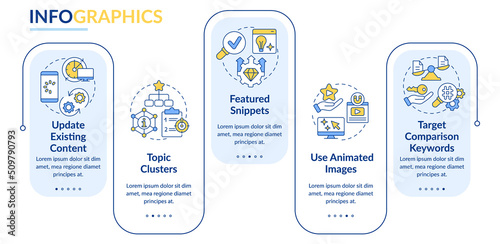 Advanced SEO technique rectangle infographic template. Data visualization with 5 steps. Editable timeline info chart. Workflow layout with line icons. Lato-Bold, Regular fonts used