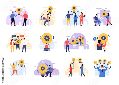 People with light bulbs. Creative business idea and finding solution process, team group working together on innovation. Vector isolated set