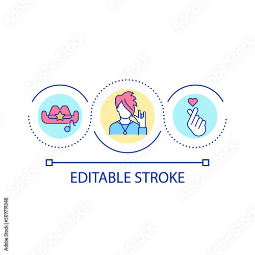 Following popular teenage trends loop concept icon. Pop culture abstract idea thin line illustration. Millennial and zoomers generation. Isolated outline drawing. Editable stroke. Arial font used