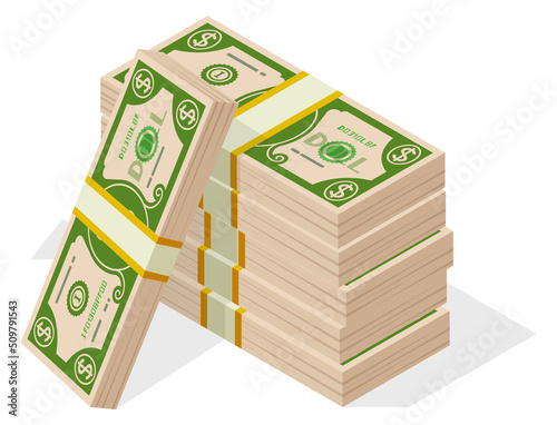 Big money stack. Dollar bundle. Green banknotes pack