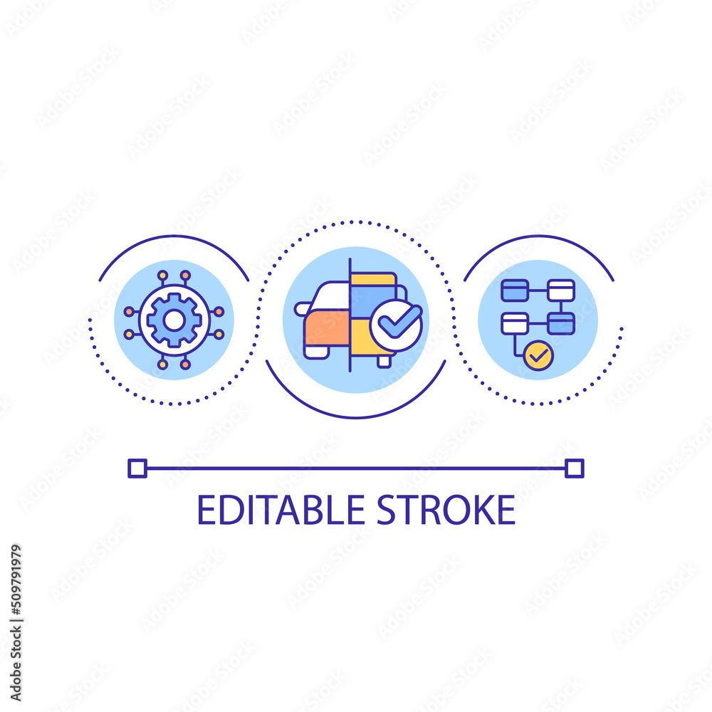Mobility services functioning loop concept icon. Quality and accessibility. Maas introduction component abstract idea thin line illustration. Isolated outline drawing. Editable stroke. Arial font used Mobility services functioning loop concept icon. Quality and accessibility. Maas introduction component abstract idea thin line illustration. Isolated outline drawing. Editable stroke. Arial font used