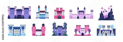 Fairytale castles. Cartoon medieval historic fortress with towers, stone walls and wooden gate, old kingdom palace. Vector fort isolated set