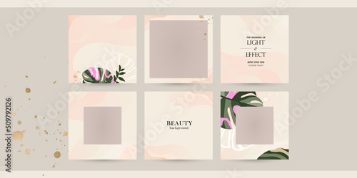 aesthetic Instagram social media post background template with tropical leaves monstera. vector layout in light pink beige color for beauty, make-up, cosmetic business