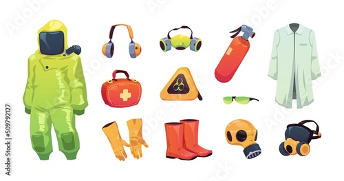 Protective equipment. Safety work and personal security tools and clothes, scientists and medical chemical protection. Vector uniform mask and gloves set