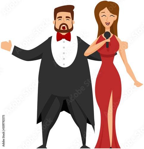 Opera singers musicians man and woman on stage. Concert hall perfomance flat color vector. Evening show of beutiful songs. Elegant classical music show artists. Premiere concerto of vocalists in opera