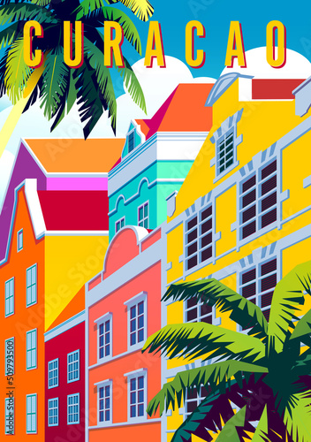 Willemstad cityscape with traditional houses and palm trees. Handmade drawing vector illustration. Curacao retro style poster