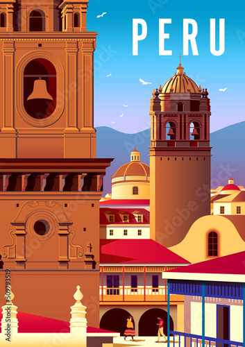 Cityscape with old catholic cathedrals, old houses and churches in the background. Handmade drawing vector illustration. Peru retro travel poster design.